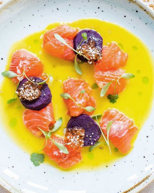 Trout and toradito ceviche in a bowl of tiger's milk dressed with sprigs of green